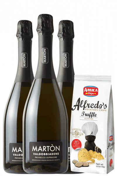 3 Bottiglie Valdobbiadene Prosecco Superiore DOCG Extra Dry Martòn + Amica Chips Tartufo Alfredo’s 3 x 100gr